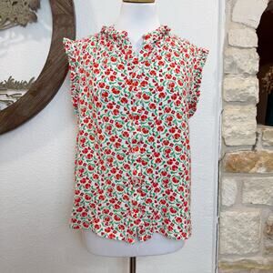 BODEN Sleeveless Ruffle Button Down Shirt Top Floral Red Green 12